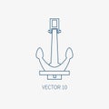 Line flat vector blue marine icon with nautical design elements - retro anchor. Cartoon style. Illustration and element Royalty Free Stock Photo