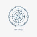 Line flat vector blue marine icon with nautical design elements - retro compass. Cartoon style. Illustration and element Royalty Free Stock Photo