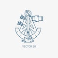 Line flat vector blue marine icon with nautical design elements - retro sextant. Cartoon style. Illustration and element