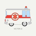 Line flat vector color icon ambulance car. Emergency assistance vehicle. Cartoon style. Reanimation. Maintenance