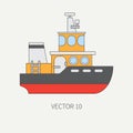 Line flat vector color icon commercial tugboat. Merchant fleet. Cartoon vintage style. Ocean. Sea. Barge. Tow.