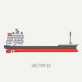 Line flat vector color icon container cargo ship. Merchant fleet. Cartoon vintage style. Ocean. Sea. Barge. commercial