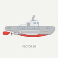 Line flat vector color icon naval submarine. Dreadnought warship. Cartoon vintage style. War. Navy. Ocean. Sea. Torpedo