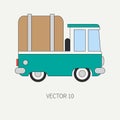 Line flat vector color icon service staff car. Commercial vehicle. Cartoon vintage style. Cargo transportation. Pickup