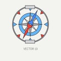 Line flat vector color marine icon with nautical design elements - retro compass. Cartoon style. Illustration and