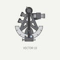 Line flat vector color marine icon with nautical design elements - retro sextant. Cartoon style. Illustration and