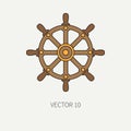 Line flat vector color marine icon with nautical design elements - steering wheel. Cartoon style. Illustration and