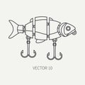 Line flat vector fisher and camping icon fishing hook, baubles, wobbler. Fisherman equipment. Retro cartoon style