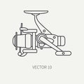 Line flat vector fisher and camping icon fishing reel. Fisherman equipment. Retro cartoon style. Holiday travel Royalty Free Stock Photo