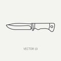 Line flat vector hunt and camping icon - knife. Hunter equipment, armament. Retro cartoon style. Wildlife travel