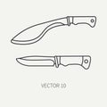 Line flat vector hunt and camping icon machete, knife set. Hunter equipment, armament. Retro cartoon style. Wildlife