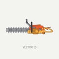 Line flat vector icon with building electrical tool - chainsaw . Construction and repair work. Powerful industrial