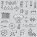 Line flat vector icon car parts set with undercarriage end internal combustion engine elements. Industrial. Cartoon Royalty Free Stock Photo