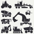 Line flat vector icon construction machinery set with bulldozer, crane, truck, excavator, forklift, cement mixer