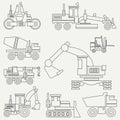 Line flat vector icon construction machinery set with bulldozer, crane, truck, excavator, forklift, cement mixer