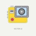 Line flat vector icon with digital action camera. Photography and art. Megapixel photocamera. Cartoon style