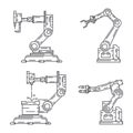 Line flat vector icon set factory conveyor robot arm system. Automatic industry assembly robotic machinery