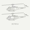 Line flat vector icon set military turboprop transportation helicopter. Army equipment and armament. Retro copter