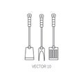 Line flat vector kitchenware icons fork, furcula, scapula. Cutlery tools. Cartoon style. Illustration and element for