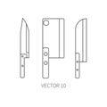Line flat vector kitchenware icons knife, chopper, backsword. Cutlery tools. Cartoon style. Illustration and element for