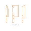 Line flat vector kitchenware icons knife, chopper, backsword. Cutlery tools. Cartoon style. Illustration and element for