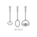 Line flat vector kitchenware icons - spoon, scoop, pestle. Cutlery tools. Cartoon style. Illustration and element for