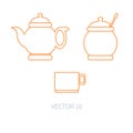 Line flat vector kitchenware icons - teapot, sugar-bowl, cup. Cutlery tools. Cartoon style. Illustration and element for Royalty Free Stock Photo