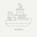 Line flat vector retro icon commercial tugboat. Merchant fleet. Cartoon vintage style. Ocean. Sea. Barge. Tow. Port