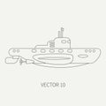 Line flat vector retro icon naval submarine. Dreadnought warship. Cartoon vintage style. War. Navy. Ocean. Sea. Torpedo