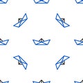 Line Folded paper boat icon isolated seamless pattern on white background. Origami paper ship. Colorful outline concept
