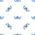 Line Folded paper boat icon isolated seamless pattern on white background. Origami paper ship. Colorful outline concept