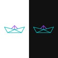 Line Folded paper boat icon isolated on white and black background. Origami paper ship. Colorful outline concept. Vector