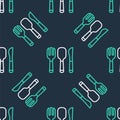 Line Fork, spoon and knife icon isolated seamless pattern on black background. Cooking utensil. Cutlery sign. Vector Royalty Free Stock Photo