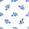 Line Forklift truck icon isolated seamless pattern on white background. Fork loader and cardboard box. Cargo delivery