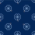 Line Four leaf clover icon isolated seamless pattern on blue background. Happy Saint Patrick day. Vector Royalty Free Stock Photo