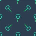 Line Four leaf clover icon isolated seamless pattern on blue background. Happy Saint Patrick day. Vector Royalty Free Stock Photo