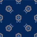 Line Game rating with medal icon isolated seamless pattern on blue background. Level results for game. Vector Royalty Free Stock Photo