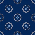 Line Gear and lightning icon isolated seamless pattern on blue background. Electric power. Lightning bolt sign. Vector Royalty Free Stock Photo