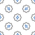 Line Gear and lightning icon isolated seamless pattern on white background. Electric power. Lightning bolt sign Royalty Free Stock Photo