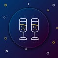 Line Glass of champagne icon isolated on blue background. Merry Christmas and Happy New Year. Colorful outline concept Royalty Free Stock Photo