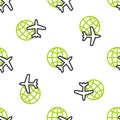 Line Globe with flying plane icon isolated seamless pattern on white background. Airplane fly around the planet earth Royalty Free Stock Photo