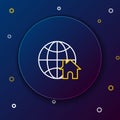 Line Globe with house symbol icon isolated on blue background. Real estate concept. Colorful outline concept. Vector Royalty Free Stock Photo