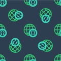 Line Globe and people icon isolated seamless pattern on blue background. Global business symbol. Social network icon Royalty Free Stock Photo