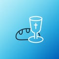 Line Goblet and bread icon isolated on blue background. Bread and wine cup. Holy communion sign. Colorful outline