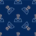 Line Graduate and graduation cap icon isolated seamless pattern on blue background. Vector