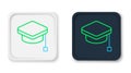 Line Graduation cap icon isolated on white background. Graduation hat with tassel icon. Colorful outline concept. Vector Royalty Free Stock Photo