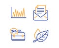 Line graph, 24h service and Mail correspondence icons set. Leaf sign. Vector