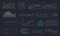 Line graph. Linear chart growth, business diagram graphs and colorful histogram graph isolated vector set