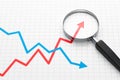 Line graph and magnifying glass.