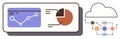 Data Analysis and Cloud Integration with Pie Chart, Line Graph, and AI Workflow Connections Royalty Free Stock Photo